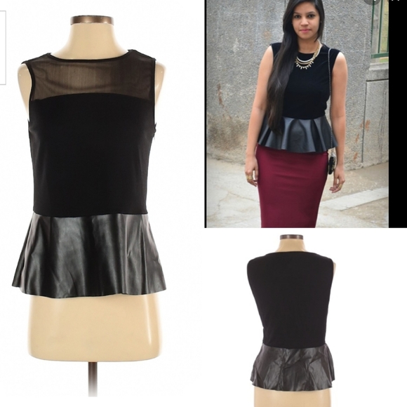 Kenar Tops - Kenar Vegan Leather Peplum Tulle Mixed Media Top